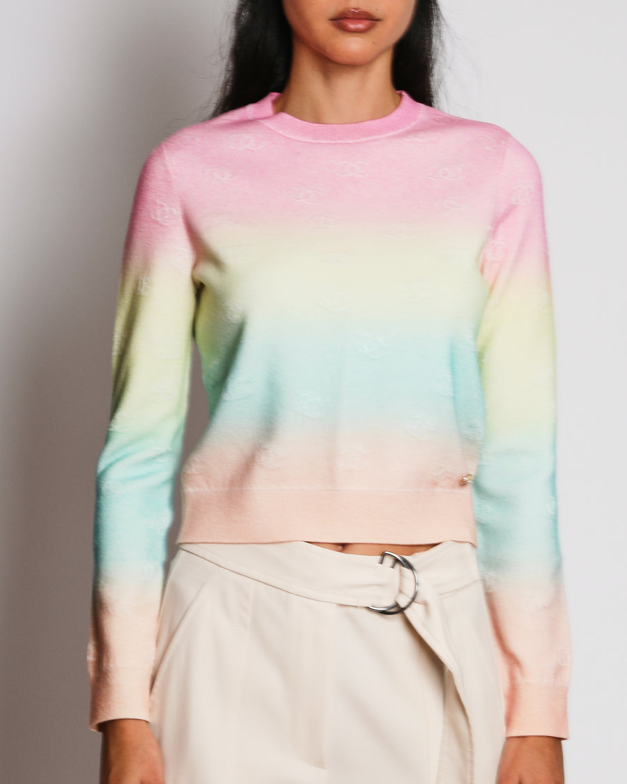 Chanel Cruise 2024 Multi-Colour Gradient Cashmere Sweater with CC Logo Embroideries and Glitter CC Logo Button Detail Size FR 34 (UK 6)