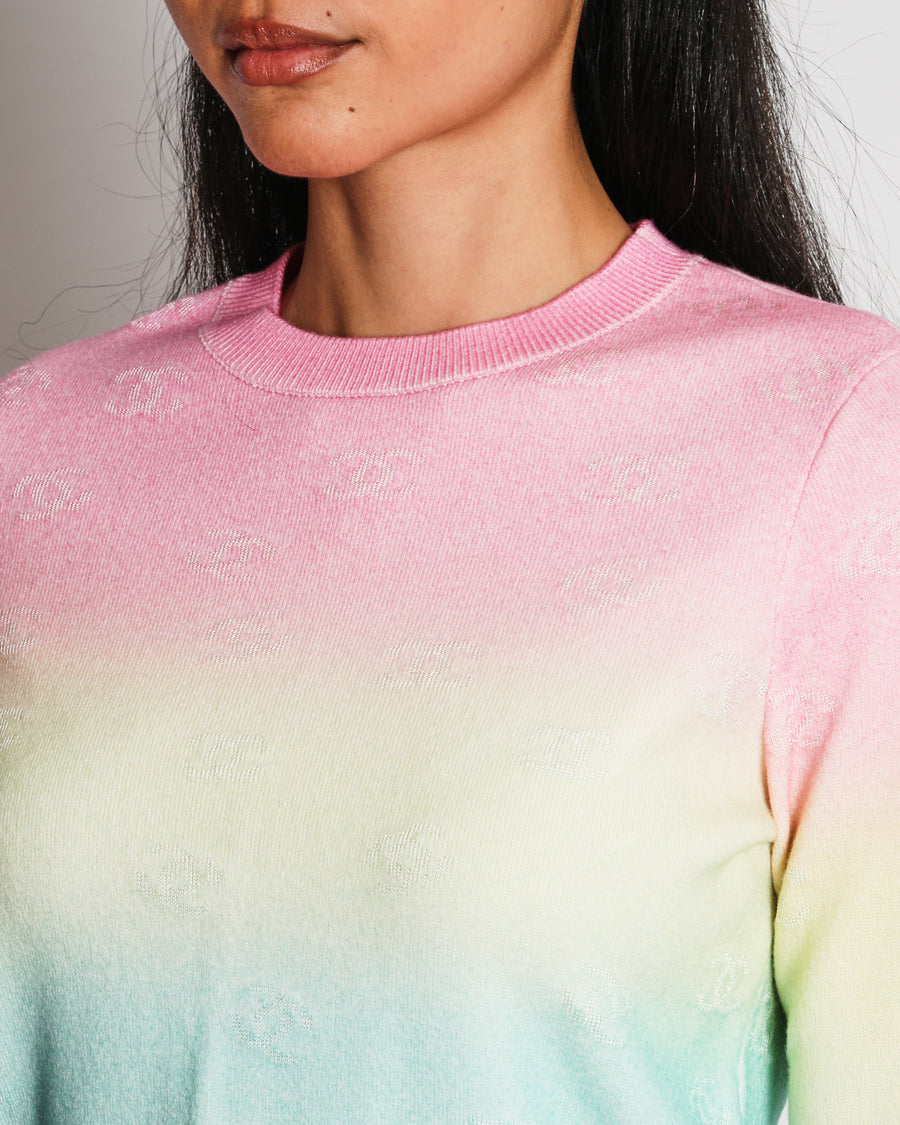 Chanel Cruise 2024 Multi-Colour Gradient Cashmere Sweater with CC Logo Embroideries and Glitter CC Logo Button Detail Size FR 34 (UK 6)