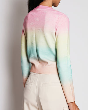 Chanel Cruise 2024 Multi-Colour Gradient Cashmere Sweater with CC Logo Embroideries and Glitter CC Logo Button Detail Size FR 34 (UK 6)