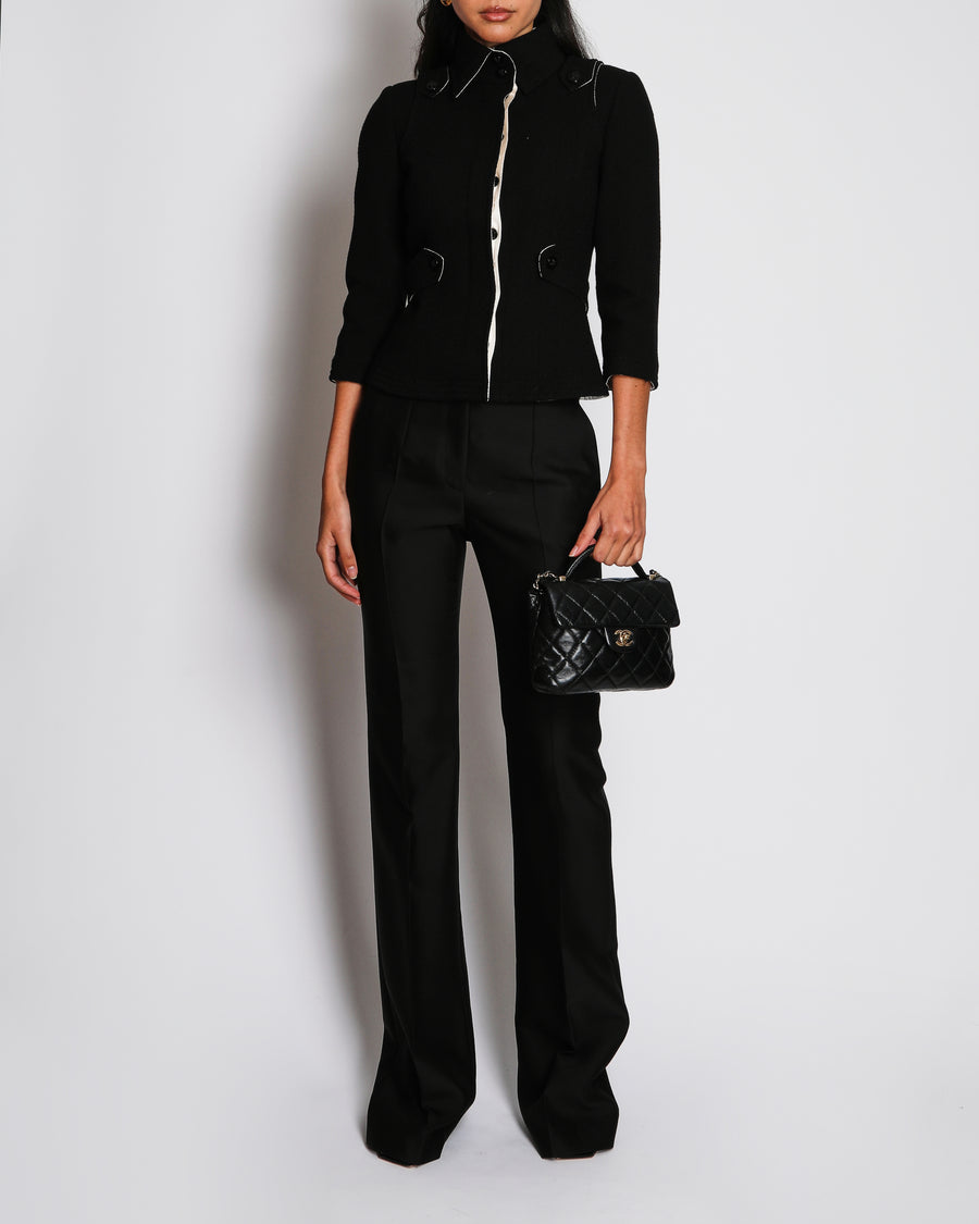Chanel Black Wool Cropped Jacket With Contrasting Cream Silk Lining Size FR 34 (UK 6)
