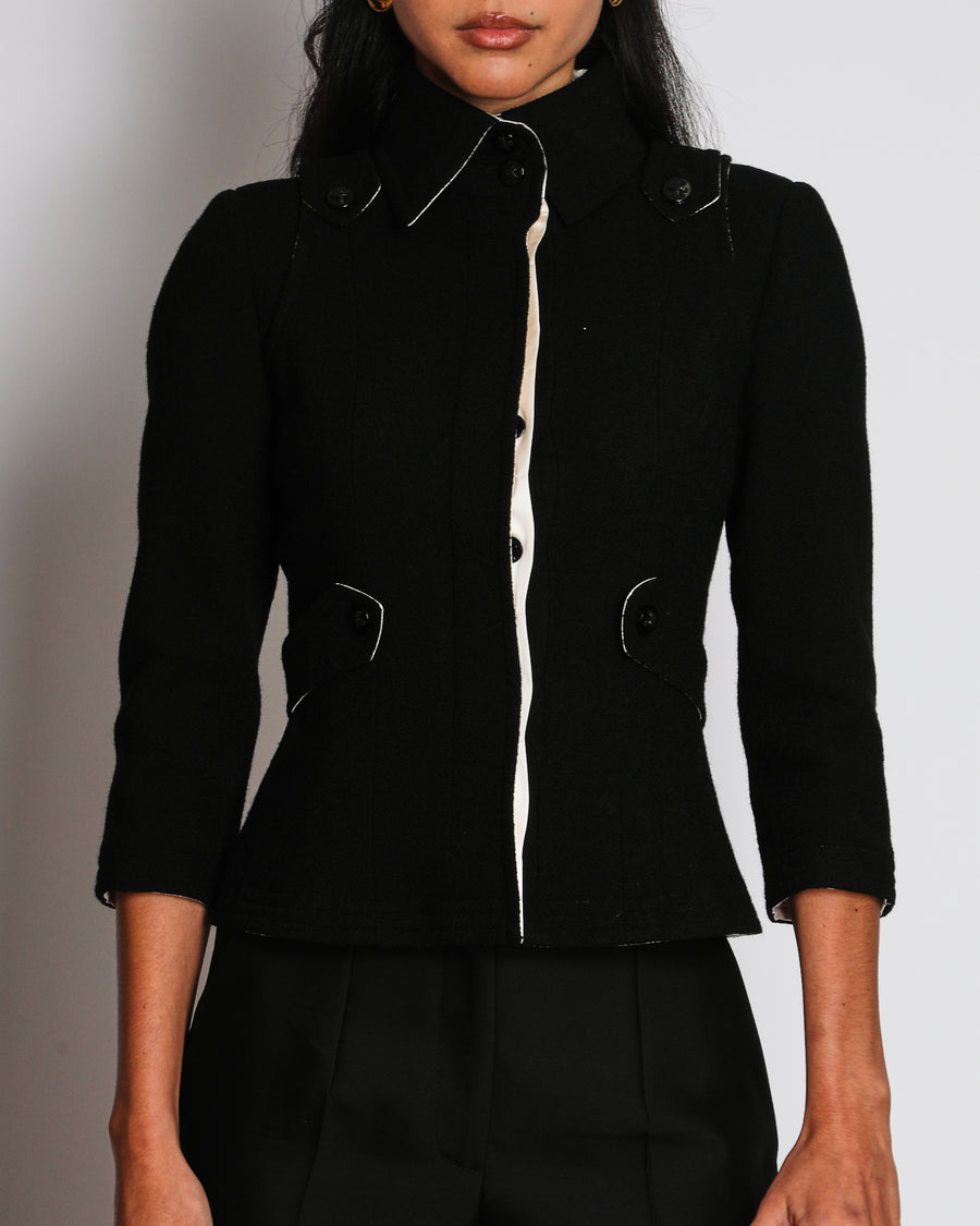 Chanel Black Wool Cropped Jacket With Contrasting Cream Silk Lining Size FR 34 (UK 6)