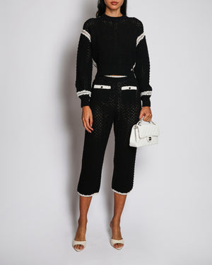 Chanel 22C Black Cropped Knitwear and Trouser Set With White Details Size FR 34/36 (UK 6/8)