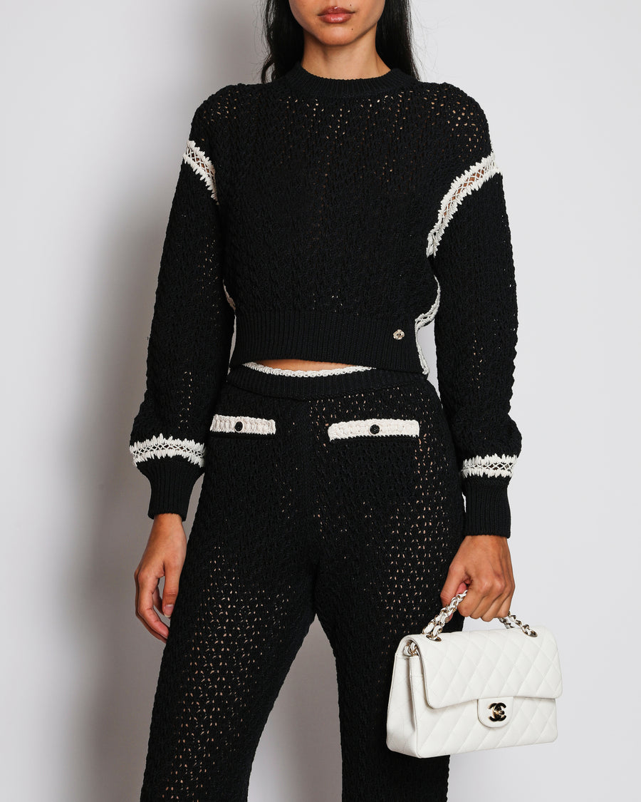 Chanel 22C Black Cropped Knitwear and Trouser Set With White Details Size FR 34/36 (UK 6/8)