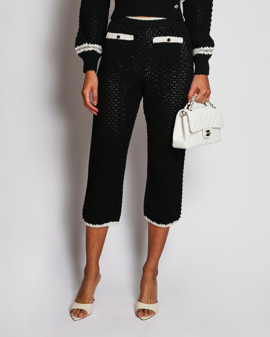 Chanel 22C Black Cropped Knitwear and Trouser Set With White Details Size FR 34/36 (UK 6/8)
