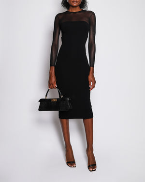 Prada Black Long-sleeve Midi Dress with Mesh Upper Panel and Back Slit Detail IT 36 (UK 4)
