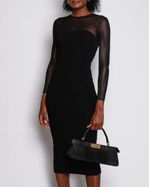 Prada Black Long-sleeve Midi Dress with Mesh Upper Panel and Back Slit Detail IT 36 (UK 4)