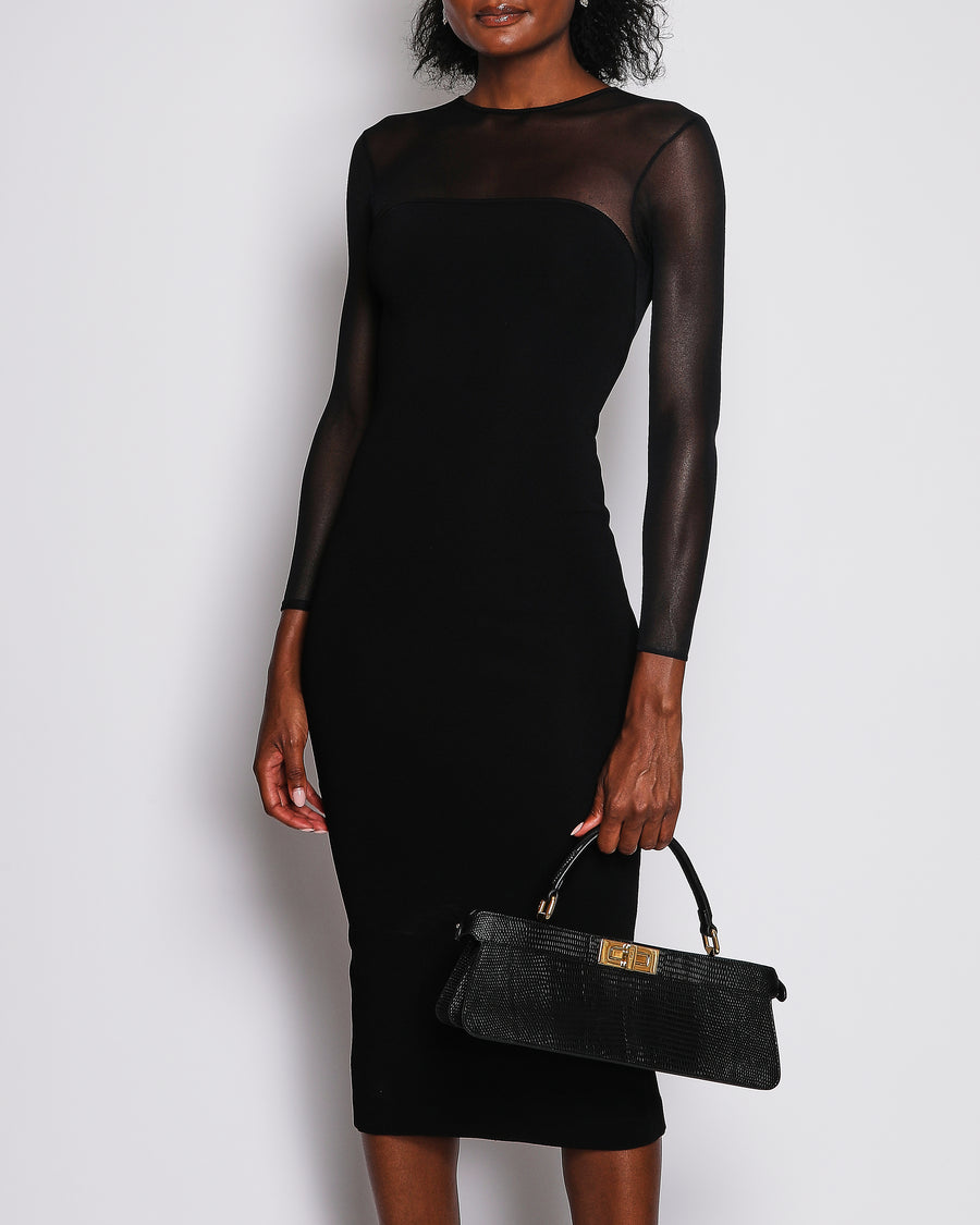 Prada Black Long-sleeve Midi Dress with Mesh Upper Panel and Back Slit Detail IT 36 (UK 4)