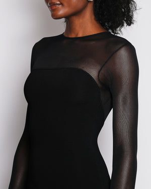 Prada Black Long-sleeve Midi Dress with Mesh Upper Panel and Back Slit Detail IT 36 (UK 4)