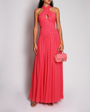 Elie Saab Pink Georgette Chiffon Pleated Gown with Draped Halter-Neck Size FR 38 (UK 10)