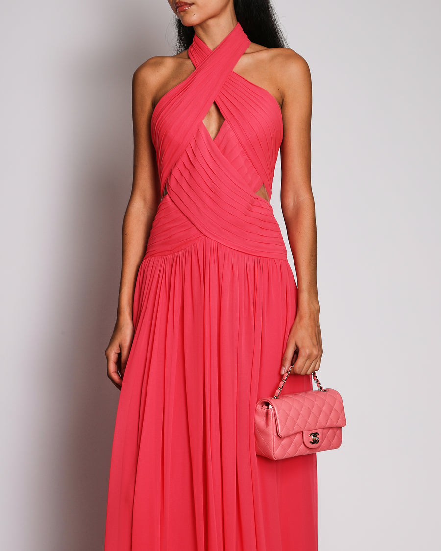 Elie Saab Pink Georgette Chiffon Pleated Gown with Draped Halter-Neck Size FR 38 (UK 10)