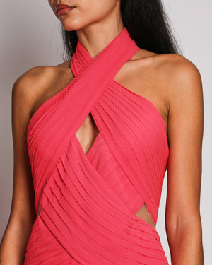 Elie Saab Pink Georgette Chiffon Pleated Gown with Draped Halter-Neck Size FR 38 (UK 10)