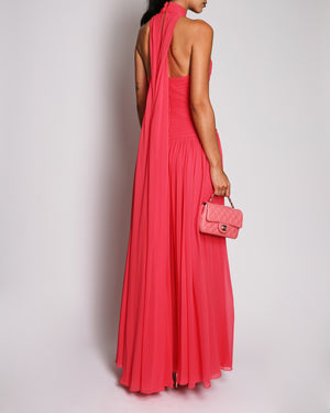 Elie Saab Pink Georgette Chiffon Pleated Gown with Draped Halter-Neck Size FR 38 (UK 10)