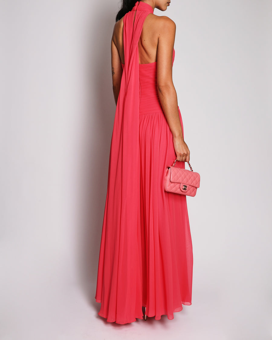 Elie Saab Pink Georgette Chiffon Pleated Gown with Draped Halter-Neck Size FR 38 (UK 10)