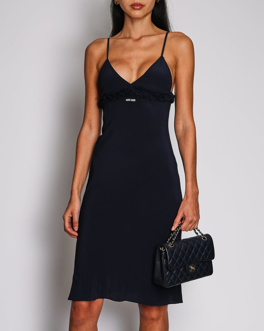 Miu Miu Navy Silk Sleeveless Midi Dress with Ruffles and Logo Detail Size IT 36 (UK 4) RRP £2,350