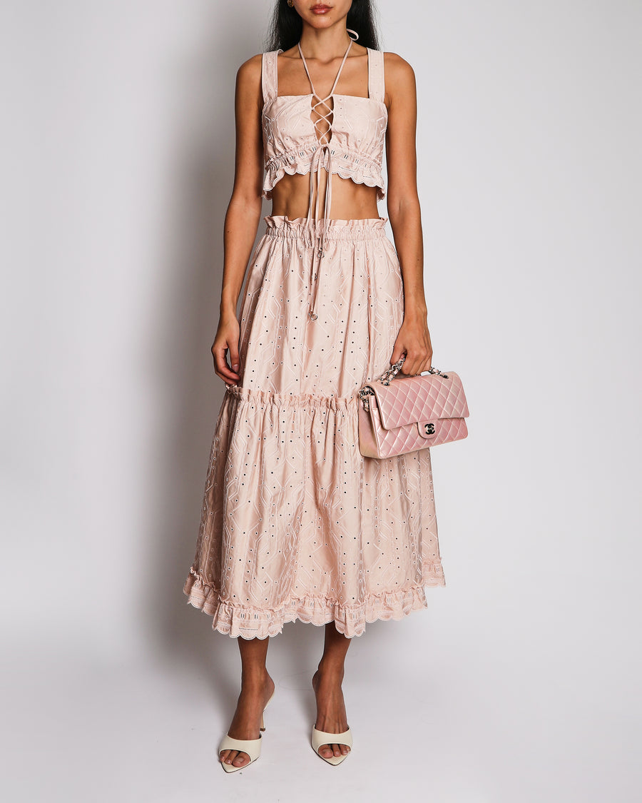 Hermès Light Pink Embroidered Bralette Top with Ribbons and Midi Skirt Set Scalloped Trim Detail Size FR 34 (UK 6) RRP £5,400