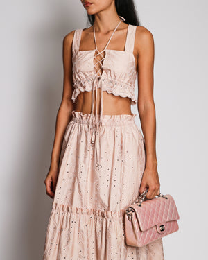 Hermès Light Pink Embroidered Bralette Top with Ribbons and Midi Skirt Set Scalloped Trim Detail Size FR 34 (UK 6) RRP £5,400