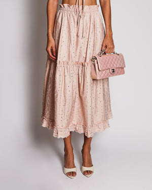 Hermès Light Pink Embroidered Bralette Top with Ribbons and Midi Skirt Set Scalloped Trim Detail Size FR 34 (UK 6) RRP £5,400