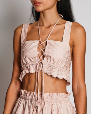 Hermès Light Pink Embroidered Bralette Top with Ribbons and Midi Skirt Set Scalloped Trim Detail Size FR 34 (UK 6) RRP £5,400