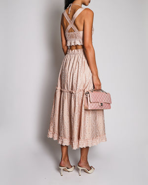 Hermès Light Pink Embroidered Bralette Top with Ribbons and Midi Skirt Set Scalloped Trim Detail Size FR 34 (UK 6) RRP £5,400