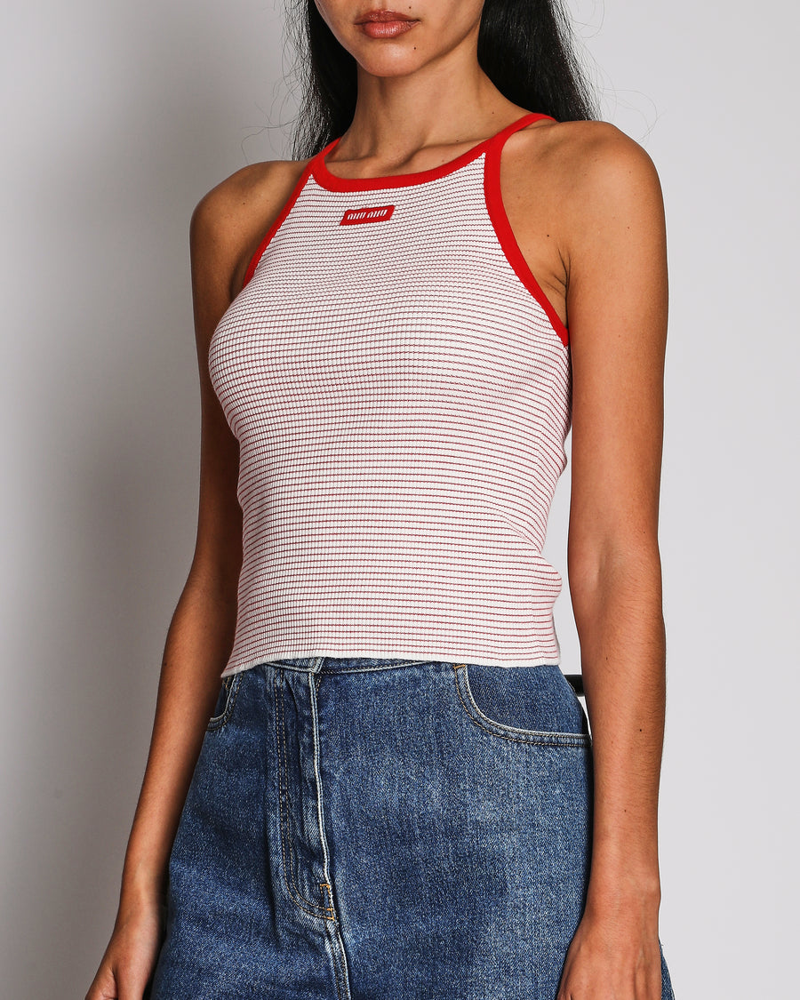 Miu Miu Red and White Striped Rib-Knit Crop Top with Logo Patch Detail Size IT 38 (UK 6)