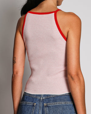 Miu Miu Red and White Striped Rib-Knit Crop Top with Logo Patch Detail Size IT 38 (UK 6)