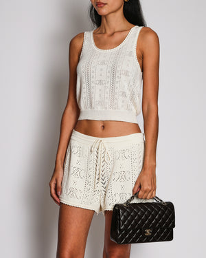Celine Cream Knit Cropped Tank Top and Shorts Set with Pointelle Pattern and Scalloped Edge Details Size S/M (UK 8/10)