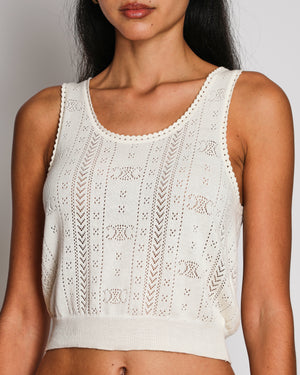 Celine Cream Knit Cropped Tank Top and Shorts Set with Pointelle Pattern and Scalloped Edge Details Size S/M (UK 8/10)