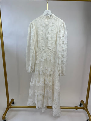 Ministry of Style White Maxi Long Sleeved Dress with Crochet Details Size UK 8