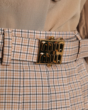 Miu Miu Beige Checkered Wool Mini Pleated Skirt with Gold Logo Buckle Detail Size IT 36 (UK 4) RRP £1,480
