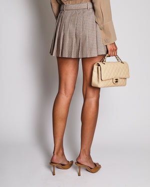 Miu Miu Beige Checkered Wool Mini Pleated Skirt with Gold Logo Buckle Detail Size IT 36 (UK 4) RRP £1,480