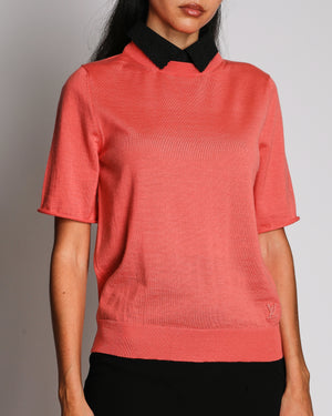 Louis Vuitton Coral Short Sleeved Knit Top with Black Scalloped Collar and LV Logo Detail Size S (UK 8)