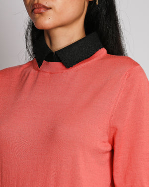 Louis Vuitton Coral Short Sleeved Knit Top with Black Scalloped Collar and LV Logo Detail Size S (UK 8)