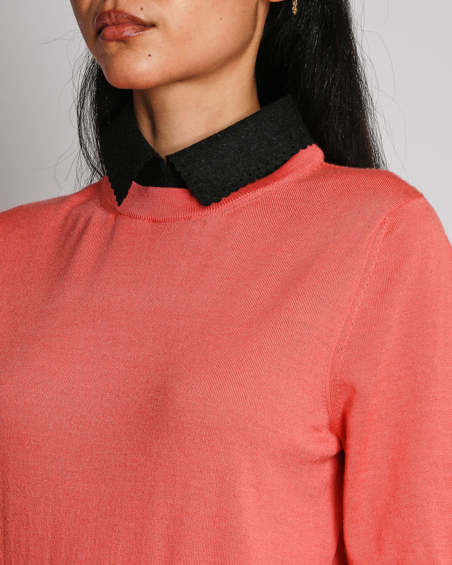 Louis Vuitton Coral Short Sleeved Knit Top with Black Scalloped Collar and LV Logo Detail Size S (UK 8)