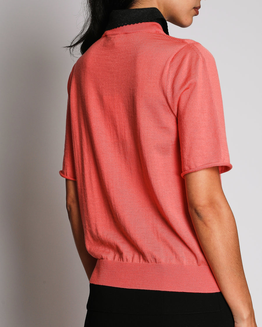 Louis Vuitton Coral Short Sleeved Knit Top with Black Scalloped Collar and LV Logo Detail Size S (UK 8)