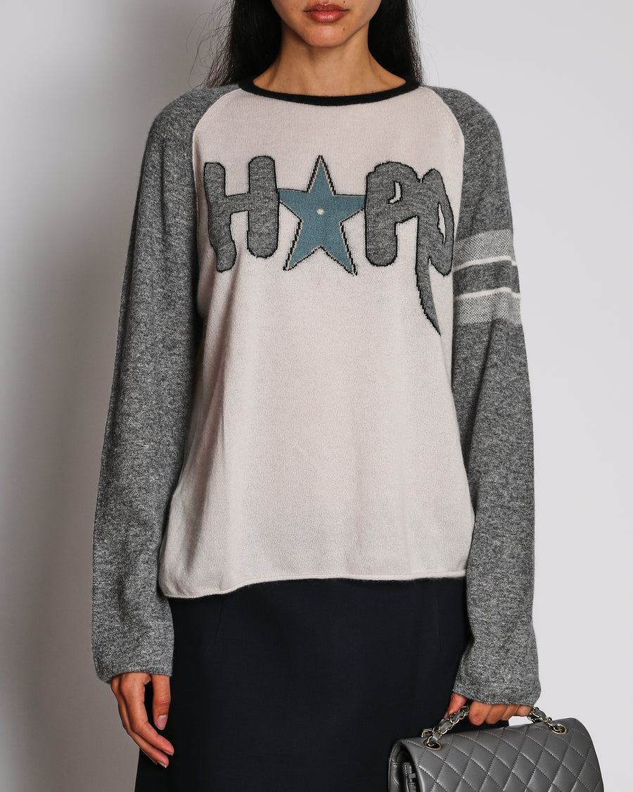 Christian Dior Grey and White Cashmere Jumper with "Hope" Star Print Size FR 40 (UK 12)