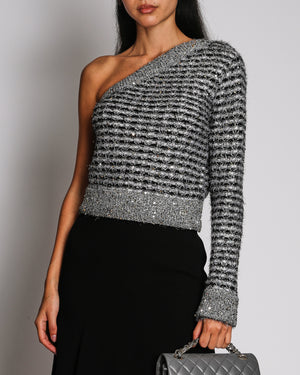 Chanel Metallic Grey Tweed One-Shoulder Long Sleeve Cropped Jumper FR 36 (UK 8)