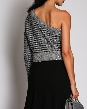 Chanel Metallic Grey Tweed One-Shoulder Long Sleeve Cropped Jumper FR 36 (UK 8)