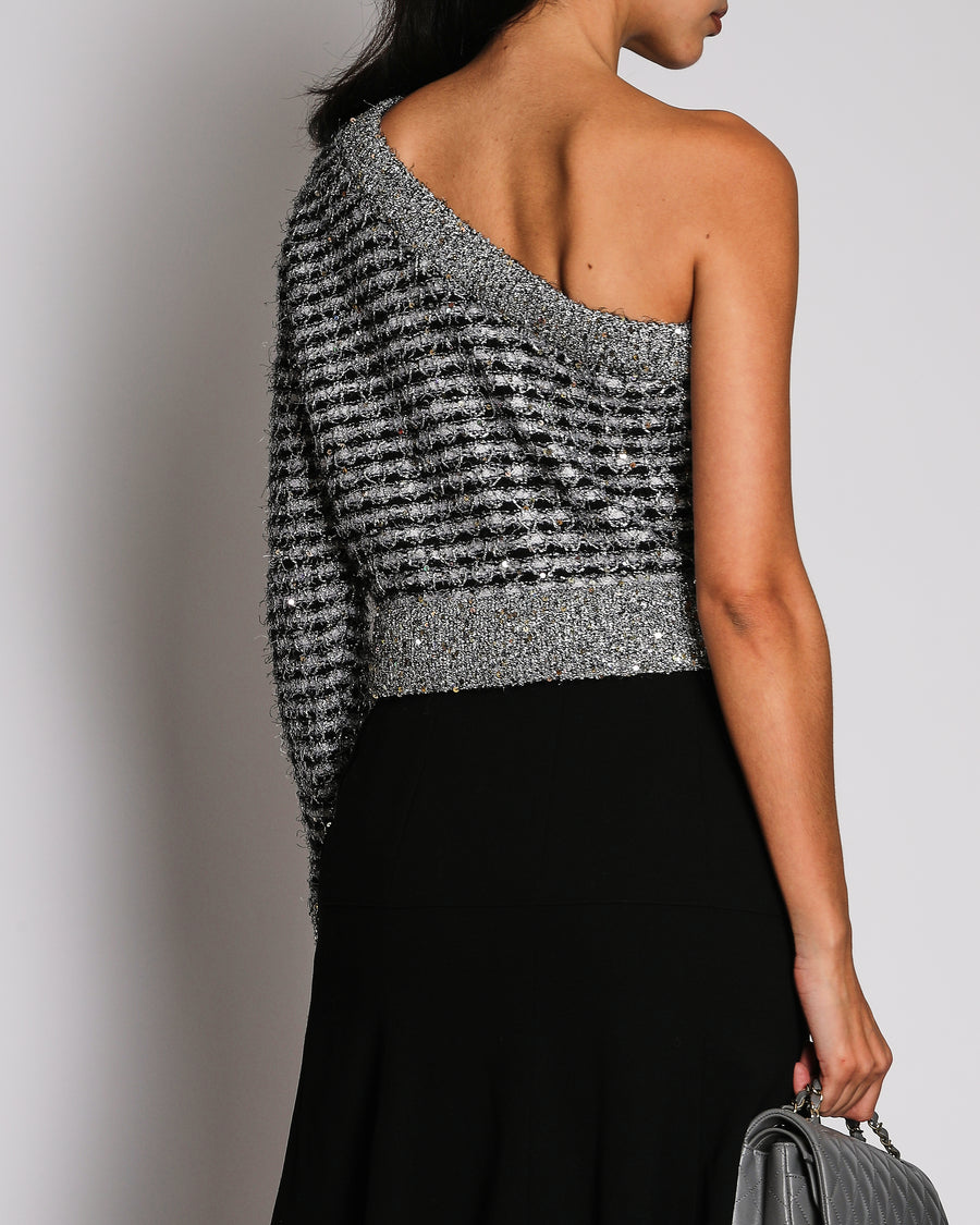 Chanel Metallic Grey Tweed One-Shoulder Long Sleeve Cropped Jumper FR 36 (UK 8)