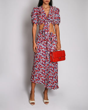 Miu Miu Blue, Red and White Floral Logo Maxi Skirt and Top with Collar Set with Ruffle Details Size IT 38 (UK 6)