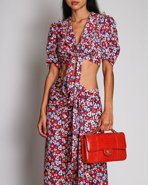 Miu Miu Blue, Red and White Floral Logo Maxi Skirt and Top with Collar Set with Ruffle Details Size IT 38 (UK 6)