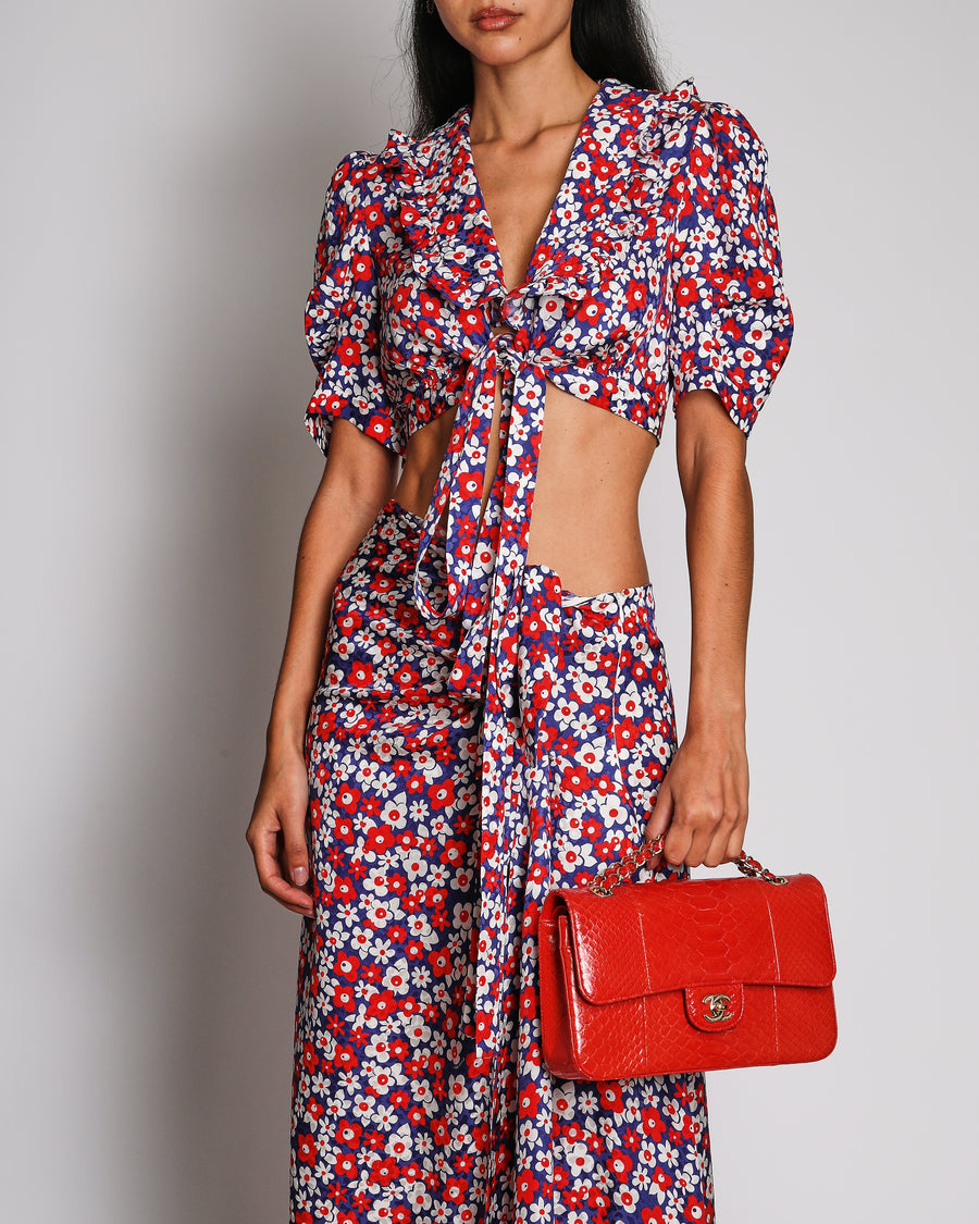 Miu Miu Blue, Red and White Floral Logo Maxi Skirt and Top with Collar Set with Ruffle Details Size IT 38 (UK 6)