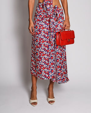 Miu Miu Blue, Red and White Floral Logo Maxi Skirt and Top with Collar Set with Ruffle Details Size IT 38 (UK 6)