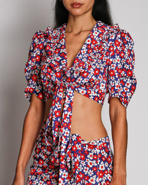 Miu Miu Blue, Red and White Floral Logo Maxi Skirt and Top with Collar Set with Ruffle Details Size IT 38 (UK 6)