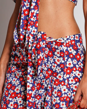 Miu Miu Blue, Red and White Floral Logo Maxi Skirt and Top with Collar Set with Ruffle Details Size IT 38 (UK 6)