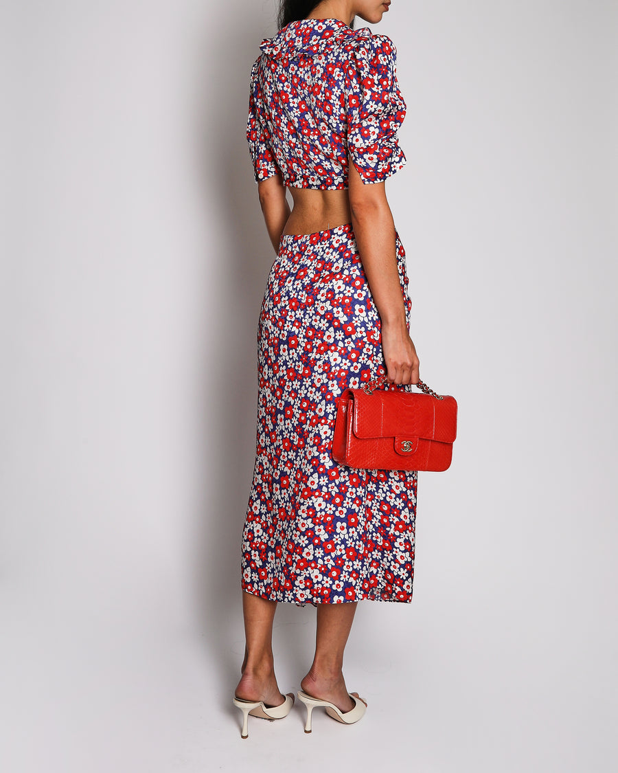 Miu Miu Blue, Red and White Floral Logo Maxi Skirt and Top with Collar Set with Ruffle Details Size IT 38 (UK 6)