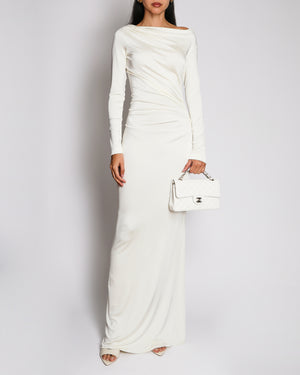 Victoria Beckham Cream Off-Shoulder Long Sleeve Gown Dress with Side Ruching Detail FR 36 (UK 8)