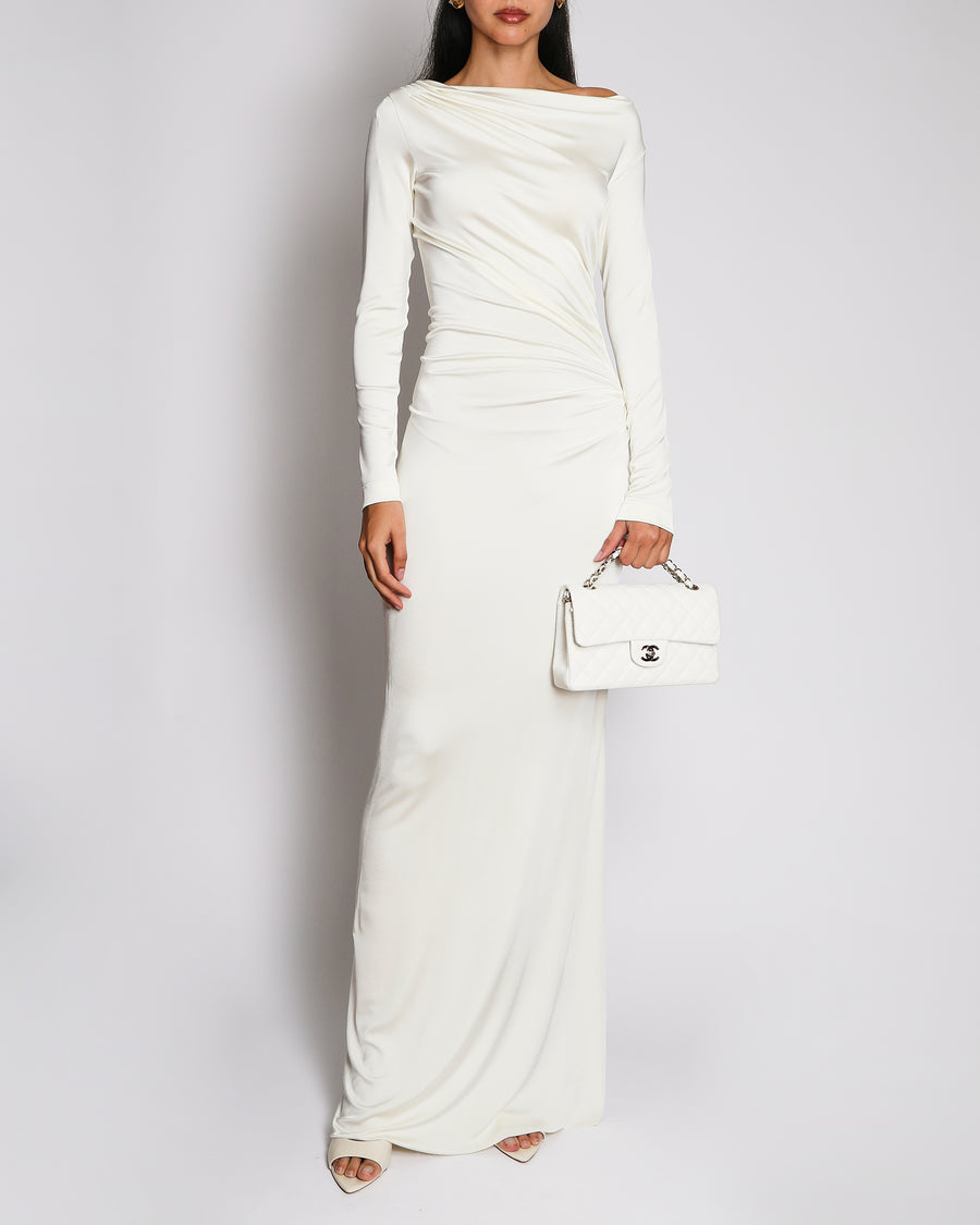 Victoria Beckham Cream Off-Shoulder Long Sleeve Gown Dress with Side Ruching Detail FR 36 (UK 8)
