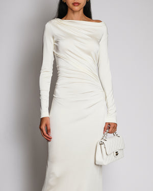 Victoria Beckham Cream Off-Shoulder Long Sleeve Gown Dress with Side Ruching Detail FR 36 (UK 8)