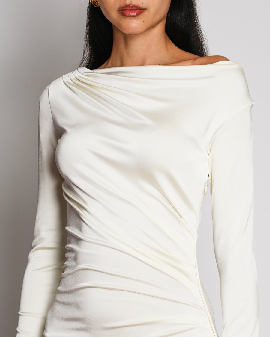 Victoria Beckham Cream Off-Shoulder Long Sleeve Gown Dress with Side Ruching Detail FR 36 (UK 8)