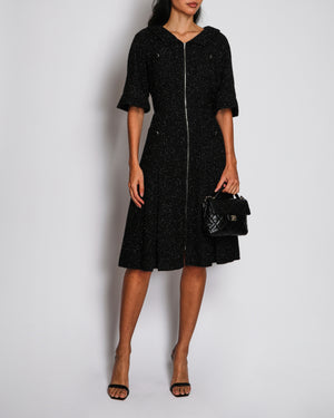 Chanel Black and Navy Shimmery Tweed Mini Dress with Globe Button Detail and Silver Zip Size FR 44 (UK 16)